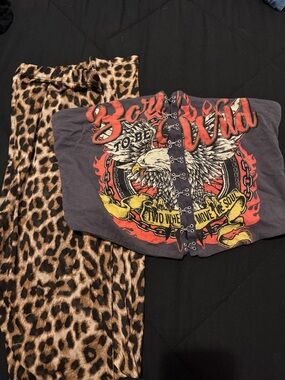 Graphic Eagle Corset Top in Black and Red with Leopard Print Mesh Leggings